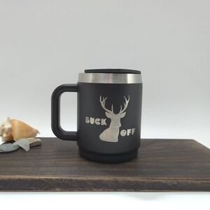 NWOT Manna Boulder Mug, Black, 14oz, Laser Engraved With Buck Off Saying